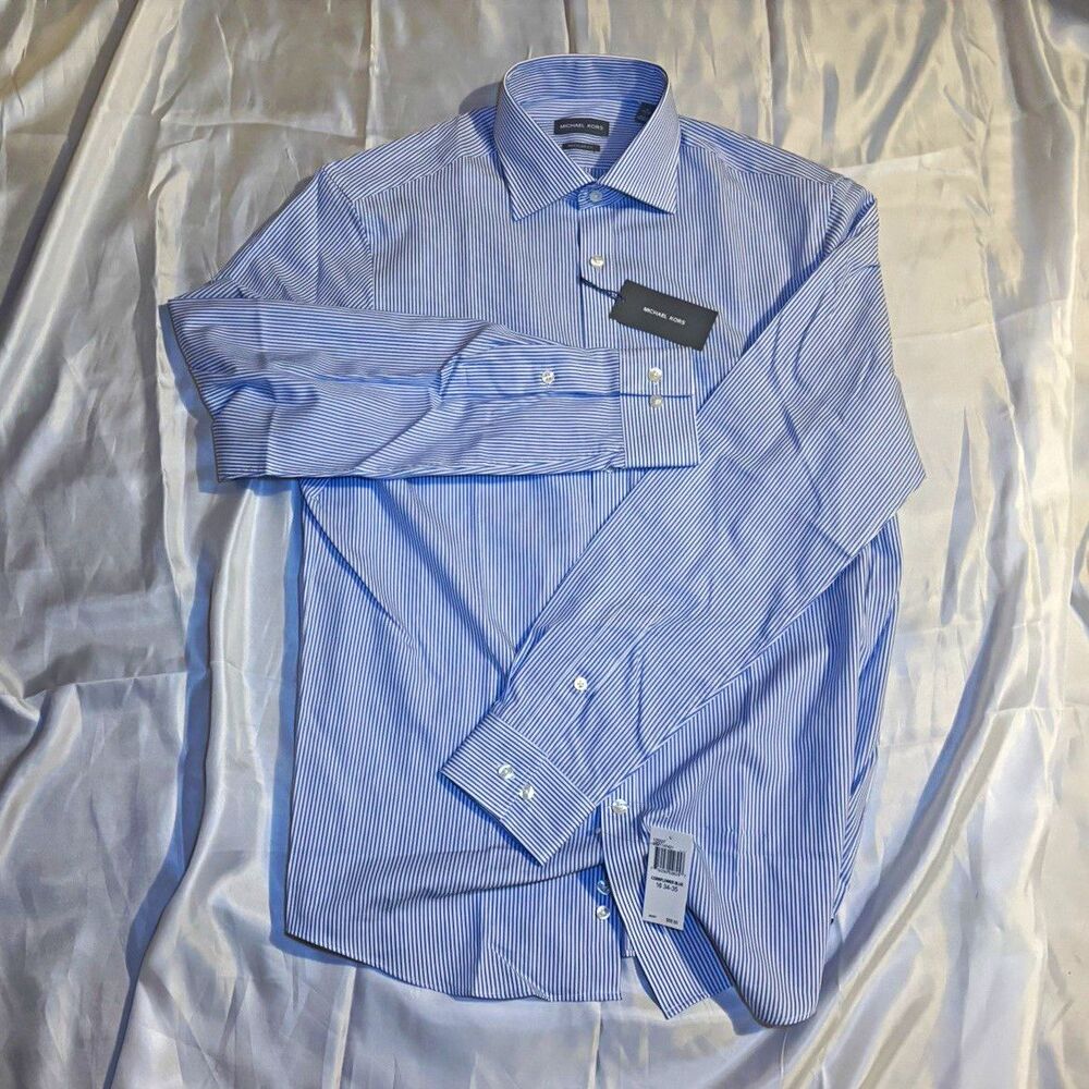 NWT Michael Kors Men's Dress Shirt 16 34/35 Regular Fit Cornflower Blue Striped